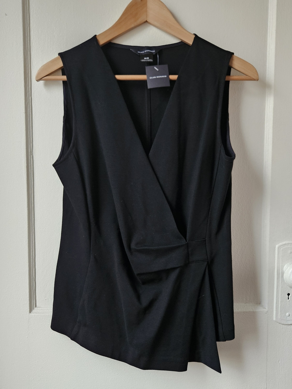 NWT Club Monaco Black Sleeveless Faux-Wrap V-Neck Top